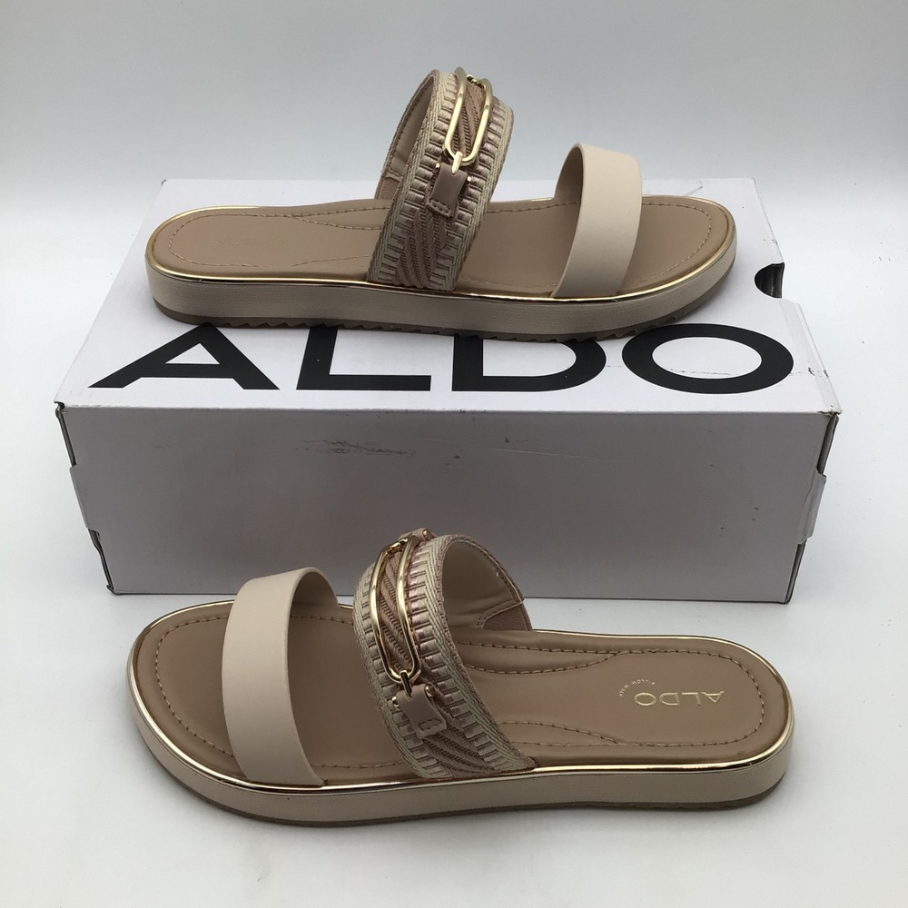 Aldo Lagoon 287 Beige Tan Gold Chain Double Strap Slide Sandal Womens Size 9 NEW